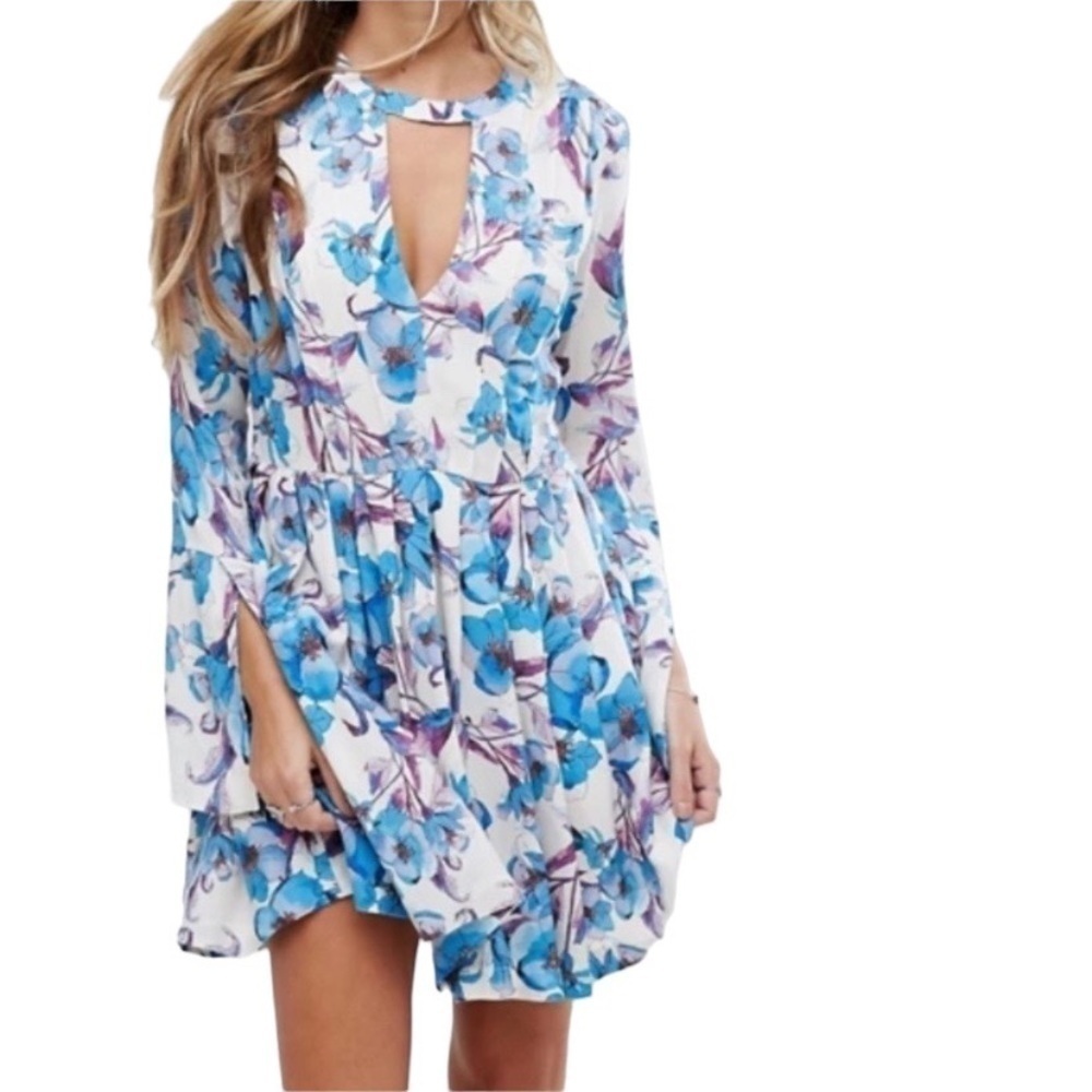 Free People Tegan blue floral long sleeve mini dress Size 0